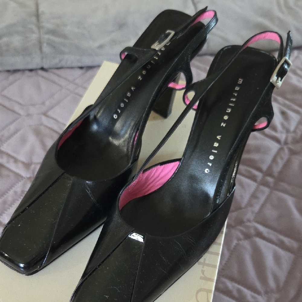 Martinez Valero Black Slingback Heels with Pink Accents